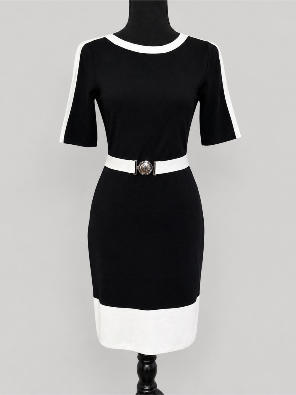 Lauren Ralph Lauren XS Black White Colorblock Belted Sheath Dress Stretch Knit